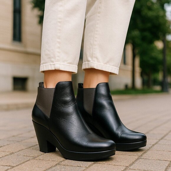 Eileen Fisher Ankle Boots Booties Black Women's 10 Stacked Heel Leather - Picture 1 of 9